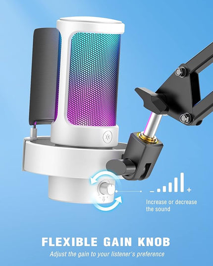 FIFINE Gaming USB PC Computer RGB Microphone for Live Streaming, Meeting, Podcasting, Video, Condenser Mic with Monitoring Headphone Jack, Light Control, for MAC OS/Windows-AmpliGame A8 White