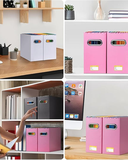 BALEINE File Organizer Box, Cardboard File Folder Organizer with Handle for Letter Size, Portable Collapsible Hanging Filing Box for Home Office Document Storage (2 Pack, Pink)