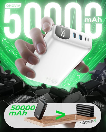 Portable Charger 50000mAh Power Bank - 22.5W Fast Charging External Battery Pack,USB-C Portable Phone Charger for iPhone 17/16/15/14/13 Pro Android Samsung, for Travel Camping Essential-White