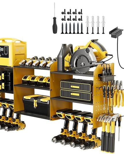 45" Power Tool Organizer Wall Mount with Charging Station - 3 Layer Storage Racks with 8 Cordless Drill Holder, 4 Hooks, Heavy Duty Garage Tool Organizer Storage for Workshop Shed Pegboard Basement