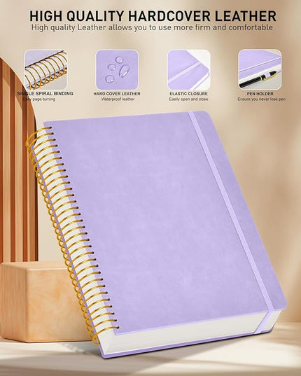 A4 Spiral Notebook Journal 8.5” x 11”, 256 Numbered Pages Hardcover Leather Journals for Women Men, Large Lined College Ruled Notebooks, 100GSM Thick Paper, Spiral Bound Journal for Work School, Purple