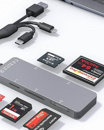 SD Card Reader Memory Stick pro Duo Adapter - 5 in 1 SD/TF/CF/MS/XD Card Reader for iPhone Supports Micro SD/SDHC/Compact Flash/XD Picture Cards, Lightning+USB A+USB C Memory Stick Pro Adapter