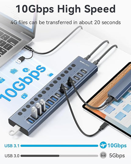 Powered USB 3.2 Hub, ACASIS 16 Ports USB 3.2 Hub(8 USB-A 3.2 Ports+8 USB-C 3.2 Ports), Aluminum USB Hub Powered with 96W Power Adapter, USB Hub for PC/Laptop, Computer, Flash Drive, Printer, Camera