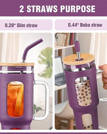 Glass Tumbler with Lid and Straw, 46 oz Iced Coffee Cup with Handle, Glass Water Bottles with Silicone Sleeve, BPA Free-Dark Purple