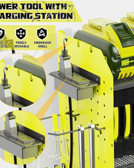 45" Large Power Tool Organizer Wall Mount with Charging Station - 3 Layer Storage Racks with 8 Cordless Drill Holder, 4 Hooks, Heavy Duty Garage Tool Organizer Storage for Workshop Pegboard Basement