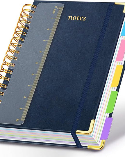 Hardcover Spiral Notebook 8.5"x11" Journal Notebook with Tabs and Removable Dividers 300 Pages 5 Subject Notebook College Ruled, Faux Leather Spiral Bound Notebook for Women School Work(Dark Blue)