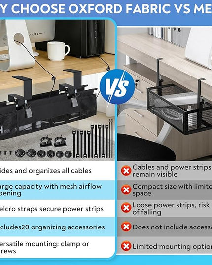Under Desk Cable Organizer with Mesh Slot for Ventilation, Quick Mount with Clamp or Screws to Hold Fabric Cable Tray, Kit for Tidy Cord & Wire Management for Home Office Standing Desk