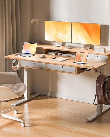 55 * 30 Inches Electric Standing Widened Desk Adjustable Height with 4 Drawers, Double Storage Shelves, Home Office Workstation Sit Stand up Desk (Nature)