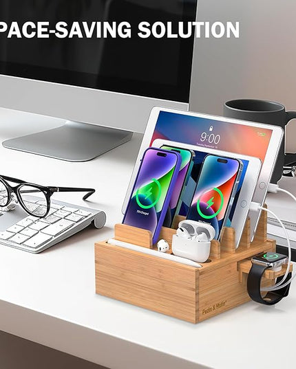 Pezin & Hulin Bamboo Charging Station for Multiple Devices Include 5 Port USB Charger, 5 Cables, Desktop Organizer for Phones, Tablet, Wooden Docking Stations