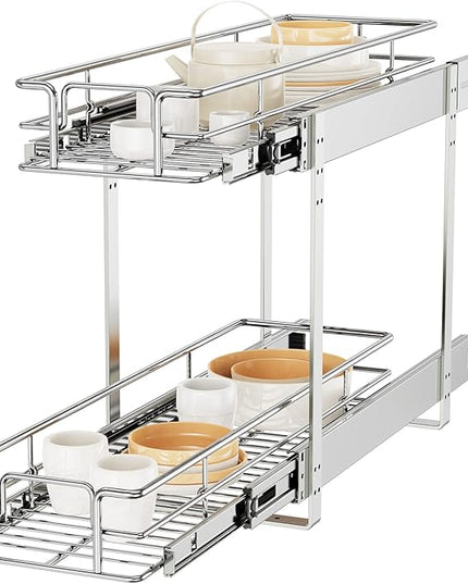 ROOMTEC Individual Pull Out Cabinet Organizer (9" W x 21½" D), 2 Tier Spice Rack Organizer for Cabinet, Slide Out Drawer Pantry Shelf Organization and Storage for Kitchen Bathroom