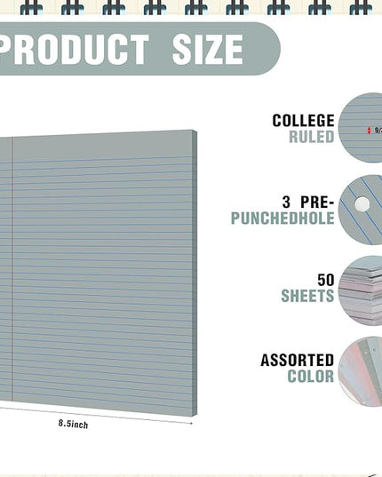 PerKoop 400 Sheets Colored Loose Leaf Paper 8.5" x 11" college ruled Lined 3 Hole Punched notebook Filler Paper for 3 Ring Binders Office School Supplies (Morandi Colors)