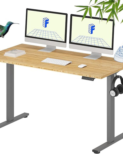 FLEXISPOT EN1 Bamboo Standing Desk, 55 x 28 Inches Whole-Piece Electric Height Adjustable Desk for Home Office (Silver Frame + Bamboo Top, 2 Packages)
