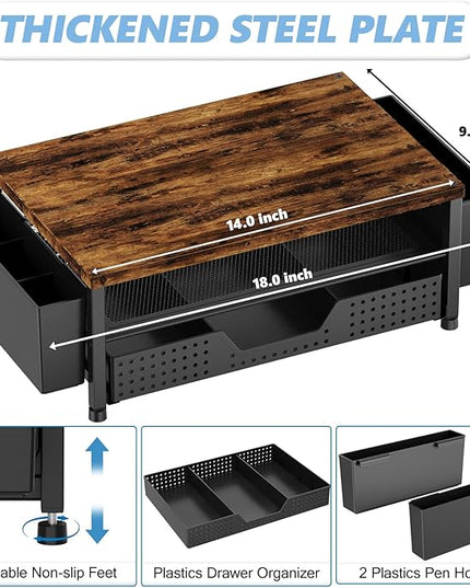 OPNICE Wood Desk Organizers and Accessories, 2-Tier Computer Monitor Stand Riser with Drawer and 2 Pen Holders, Laptop Stand, Office Desk Accessories for Office Supplies, Brown
