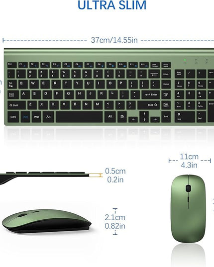 Wireless Keyboard and Mouse Ultra Slim Combo, TopMate 2.4G Silent Compact USB 2400DPI Mouse and Scissor Switch Keyboard Set with Cover, Batteries Included, for PC/Laptop/Windows/Mac - Green Black