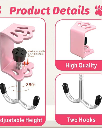 5 Pcs Adjustable Purse Hooks Heavy Duty J Clamp Hooks Bag Hanger for Table, Bag Holder for Table for Desk Key Backpack【Pink】