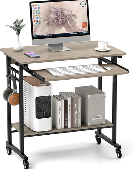 Tangkula Rolling Computer Desk Cart with Keyboard Tray, Mobile Portable Laptop PC Desk with CPU Stand & 3 Hooks for Sofa & Bed, Industrial Small Desk on Wheels for Small Spaces (Grey)