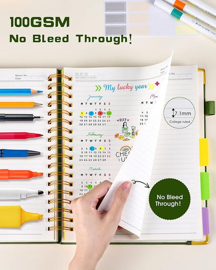 Hardcover Spiral Notebook journal with Removable Dividers Tabs, 300 Pages Leather 5 Subject Notebook College Ruled, 100GMS A5 Notebooks for Work School Note taking,Lined Journal for Women,A5-Green