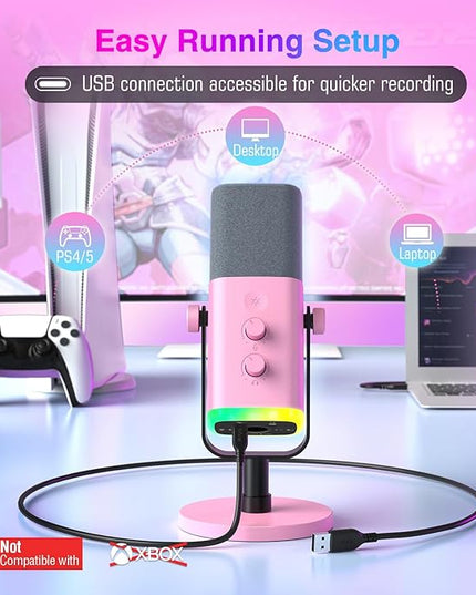 FIFINE XLR/USB Microphone, Gaming Recording PC Microphone with Headphones Jack, Mute Button, Dynamic RGB Mic for Computer, Streaming Mic for Podcasting Voice-Over YouTube Video-AmpliGame AM8 Pink
