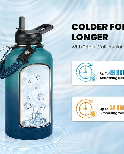 Insulated Water Bottle 64 oz, Triple Wall Vacuum Stainless Steel (Cold for 48 Hrs), Leak Proof & Non-BPA, Half Gallon Water Flask Jug with Paracord Handle & Straw Spout Lids, Cyan Blue