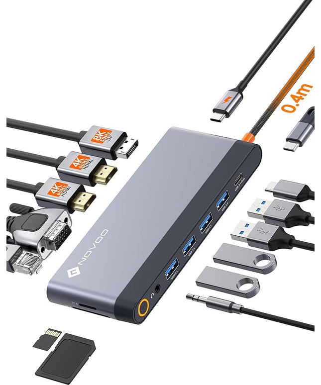 USB C Docking Station Quad Display, 14-in-1 Laptop Docking Station Dual Monitor, 8K@30Hz DP, Dual 4K@60Hz HDMI, VGA, 5 USB Data Ports, 100W PD, Ethernet, SD/TF, Mic/Audio, USB C HUB, Thunderbolt Dock
