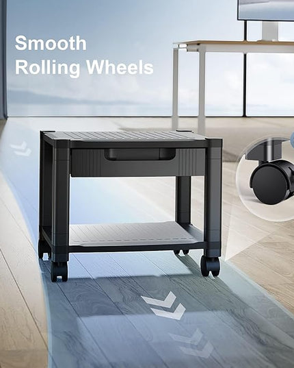 HUANUO Printer Stand with Cable Management and Storage Drawer, Printer Table with Locking Wheels, 14.1-inch Maximum Height Printer Cart for Under Desk, Home, Office, HNDPS
