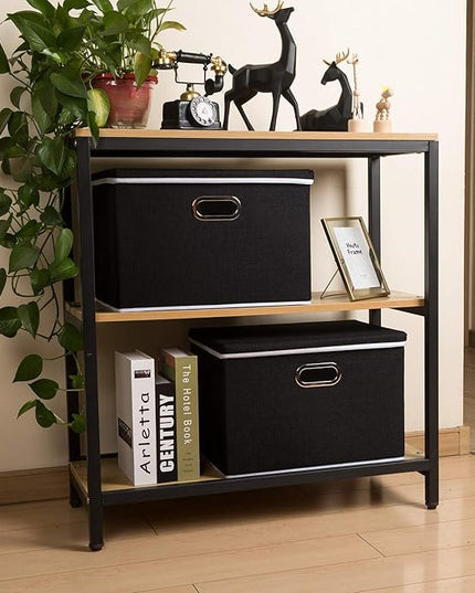PRANDOM Large Foldable Storage Boxes with Lids [3-Pack] Fabric Collapsible Storage Bins Organizer Containers Baskets Cube with Cover for Home Bedroom Closet Office Nursery Black(17.7x11.8x11.8)