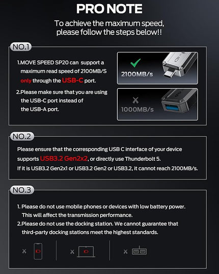 MOVE SPEED 1TB USB Drive, 2100MB/s TLC Reliable Transfer Portable SSD with USB 3.2 Gen2x2 + Type C, Cool USB Drive for Phone/Windows/Mac (SP20)