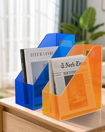 Acrylic Magazine Rack Desk File Holder Organizer for Office Desktop Vertical Magazine Storage Box, 12 x 10 x 5'', Neon Orange