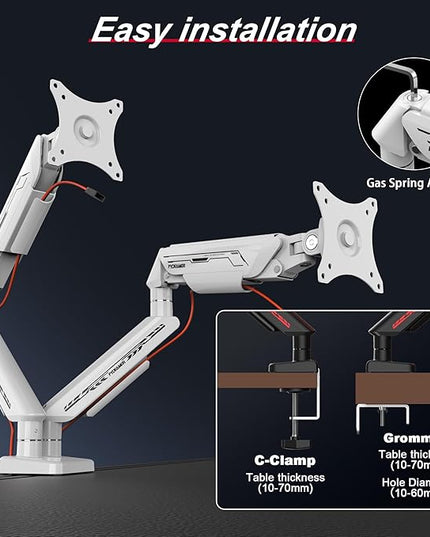 Dual Monitor Arm for 17-35" Screens up to 24.2 lbs, Ergonomic Gas Spring Monitor Stand with Height Adjust, Tilt, Swivel & Cable Management, VESA Desk Mount with 2 Types of Installation, White