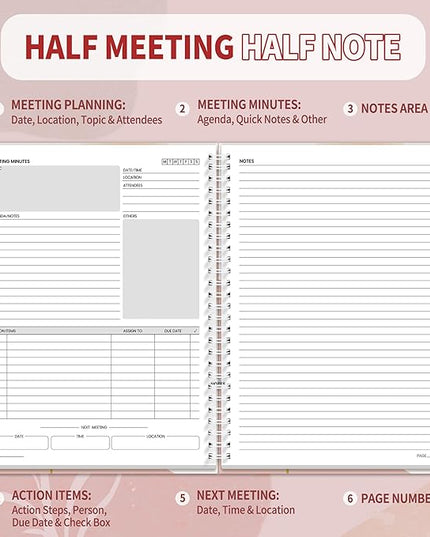 SUNEE Half Meeting Half Note - 7.5"x10" Professional Notebooks for Work - 160 Pages, B5 Size Project Planner, Spiral Meeting Agenda/Minutes Organizer for Women Men, Note Taking, Office & Business