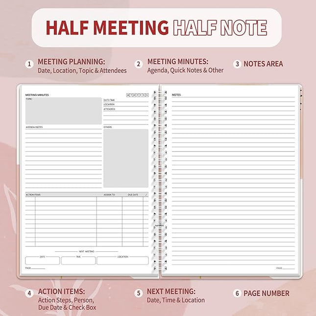 SUNEE Half Meeting Half Note - 7.5"x10" Professional Notebooks for Work - 160 Pages, B5 Size Project Planner, Spiral Meeting Agenda/Minutes Organizer for Women Men, Note Taking, Office & Business