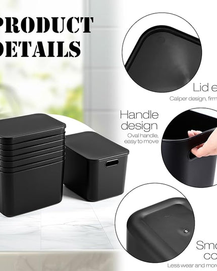Hoolerry 8 Pieces Colorful Storage Bins with Lid, Plastic Storage Basket Organizing Container Stackable Box with Handle for Shelves Desktop Playroom Office(14.2 x 10.2 x 9.5 Inch,Black)