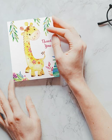 Twigs Baby Shower Thank You Cards with Envelopes - 12 Set Simple Baby Shower Cards, New Baby Congratulations Cards, Welcome Baby Card, Made in the USA - Jungle Animal Designs, 5.5 x 4.25 Inch Size