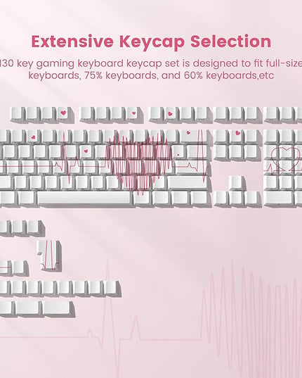 PBT Keycaps-Cherry Key Caps Side Print, Heart Design Dye Sublimation 130 Keys Set for Cherry Gateron MX Switches Keyboards, White