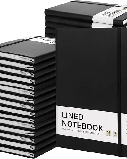 Aodaer 30 Set Lined Notebook Journals with Pens A5 Notebooks 100 GSM College Ruled Hardcover Notebook PU Leather Notepad with Pen Holder for Office School, 5.7 x 8.3 Inches, Black