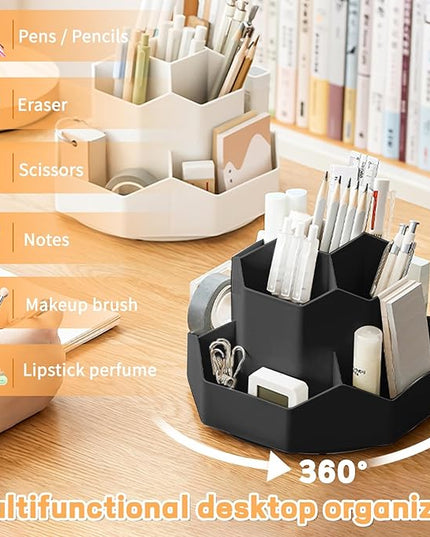 Pencil Pen Holder for Desk,9 Slots 360 Degree Rotating Desk Organizers,Desktop Storage Stationery Supplies Organizer, Cute Pencil Cup Pot For Office, School, Home(Black)