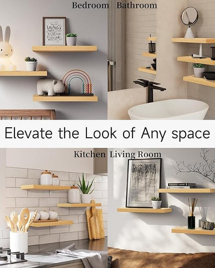 BAYKA Floating Shelves for Wall, Wall Mounted Rustic Wood Shelves for Bathroom, Bedroom, Living Room, Kitchen,Small Hanging Shelf for Books/Storage/Room Decor (Light Oak-Toned, Set of 3, 15.7in)