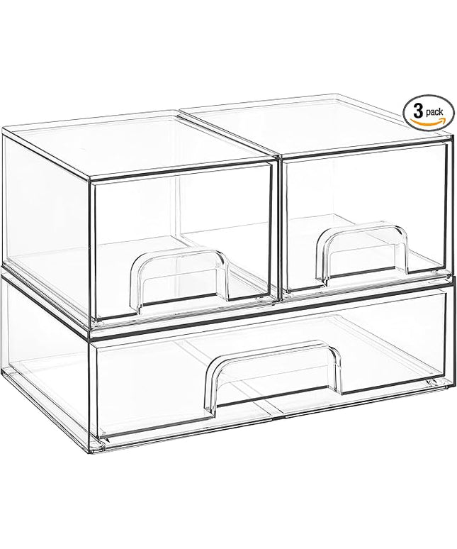 Vtopmart Stackable Storage Drawers Set of 3,Clear Plastic Organizer Bins for Makeup, Cosmetics, Beauty Supplies,Ideal for Vanity, Bathroom,Cabinet,Pantry Organization
