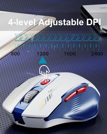 Uineer Bluetooth Mouse,[Upgraded] Multi-Device Wireless Mouse Rechargeable,Visible Battery Level,Tri-Mode (BT 5.0/4.0+2.4G Hz), 4 Adjustable DPI,Coldless Mice for Laptop and PC,Bluewhite