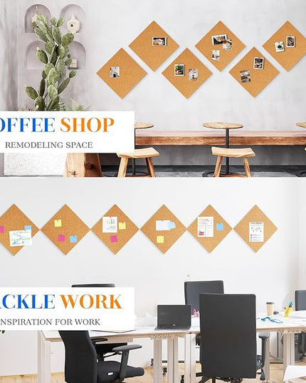 DOLLAR BOSS Cork Board Tiles, 6 Packs 12" x 12" 1/2" Thick Cork Bulletin Board Self Adhesive Corkboards for Walls with 60 Pushpins for Home Office Kitchen School Decor Display