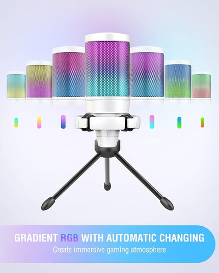 FIFINE AmpliGame USB Microphone, PC Gaming Recording Desktop Laptop Mic, RGB Streaming Podcasting Condenser Mic for Online Game, Vocal, with Mute Button, Gain Knob, Tripod Stand-A6V White