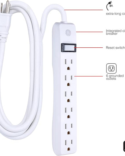 GE 6-Outlet Power Strip, 8 Ft Extension Cord, Heavy Duty Plug, Grounded, Integrated Circuit Breaker, 3-Prong, Wall Mount, ETL Listed, White, 67122
