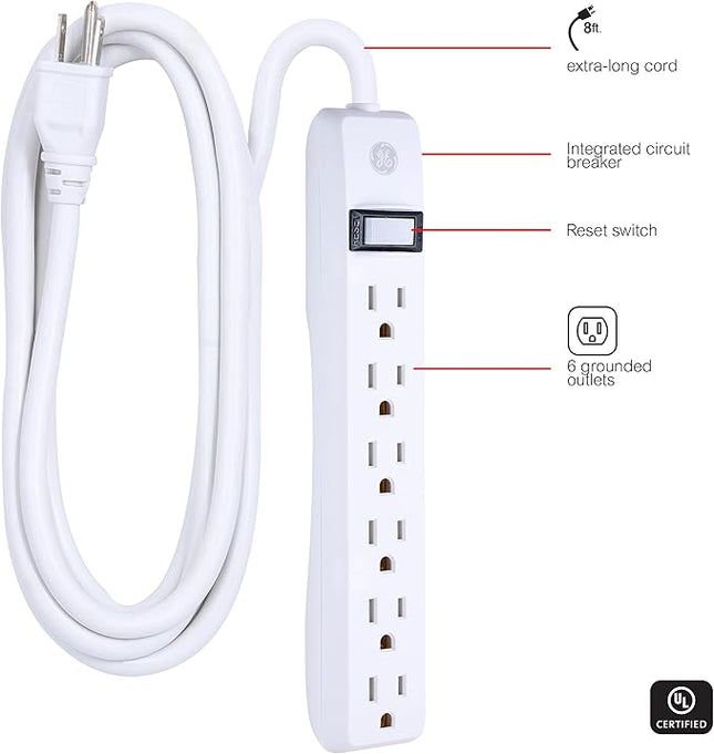 GE 6-Outlet Power Strip, 8 Ft Extension Cord, Heavy Duty Plug, Grounded, Integrated Circuit Breaker, 3-Prong, Wall Mount, ETL Listed, White, 67122