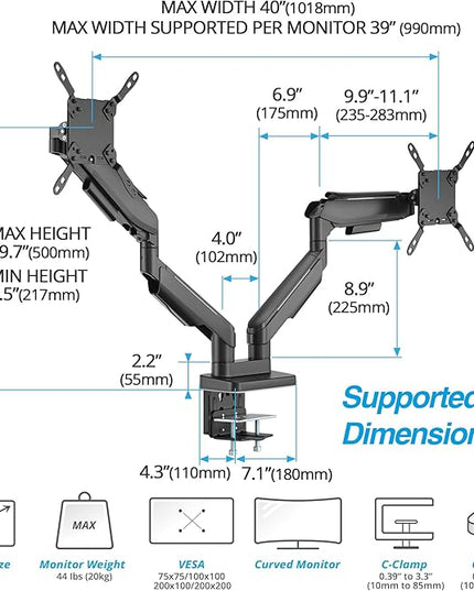 AVLT RGB Lights Dual 17”-43” Gaming Monitor Arm Desk Mount, Fits Two Flat/Curved/Ultrawide Screen up to 44lbs(20kg), Height Swivel Tilt Adjustable Stand - Black