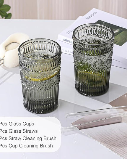 Vintage Glassware Drinking Glasses Set of 6,13 oz Grey Textured Flower Design Glass Water Tumblers，Embossed Striped Drinkware for Water,Cocktails,Juice,Iced Coffee