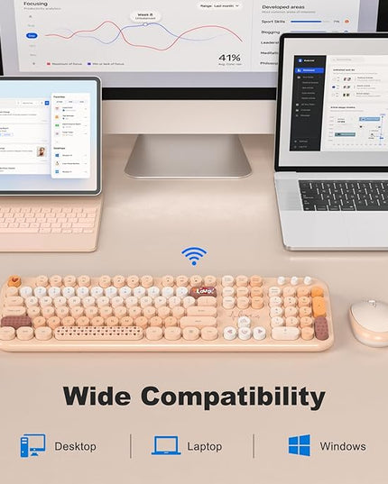 MOFII Wireless Keyboard and Mouse Combo, Full Size 2.4G Plug and Play Typewriter Retro Round Computer Keyboard and Mouse Set for Windows, Computer, Desktop, PC, Notebook - (Milk Tea Colorful)