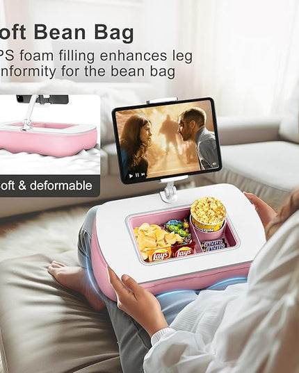 Tablet Pillow Stand for Lap Use with Snack Bowl and 360° Rotating Arm, Adjustable iPad Holder for Bed, Couch, and Recliner, Compatible with 4.7"-13" Kindle, iPad, Tablet, Phone,Pink