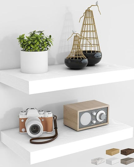 RICHFOCUS 16Inch Floating Shelves for Wall 2 Pack Shelves for Bedroom|Kitchen|Bathroom Wall Mounted Rustic Wood Floating Shelf with Invisible Brackets for Books|Storage|Decor, White