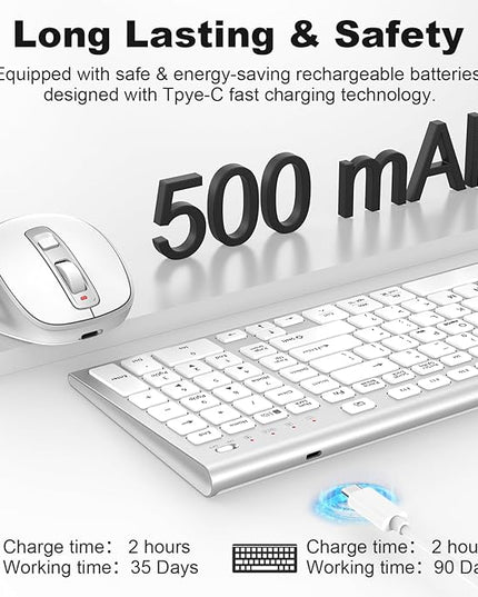 FENIFOX Wireless Keyboard and Mouse, Rechargeable USB C Combo Silent Quiet Compact Full Size Flat with Number Pad Soft Cover for Mac MacBook iMac Windows PC Laptop Computer Office - White & Silver