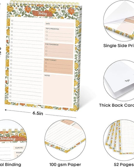 Taja To Do List Notepad - To Do List Notebook for Work with 52 Sheets, Undated Daily Planner Perfect for Daily Tasks and Goal Setting, Notepad Suitable for Office, Home & School - Sunshine Field